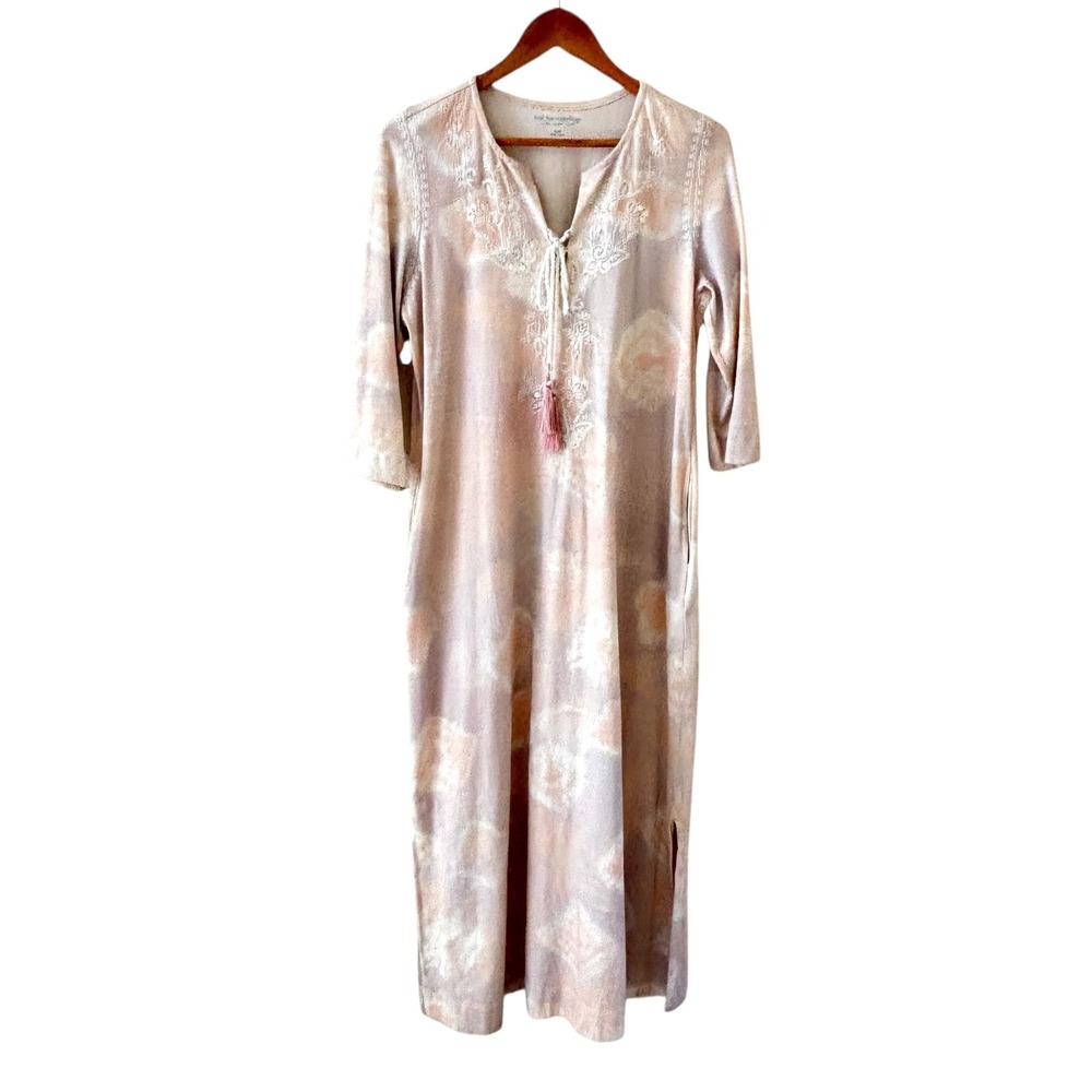 Soft Surroundings Tie Dye Caftan Dress S Pink‎ Tan Embroidered Sequin Boho